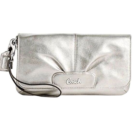 COACH Ashley Metallic Silver Leather Wristlet - Picture 1 of 10
